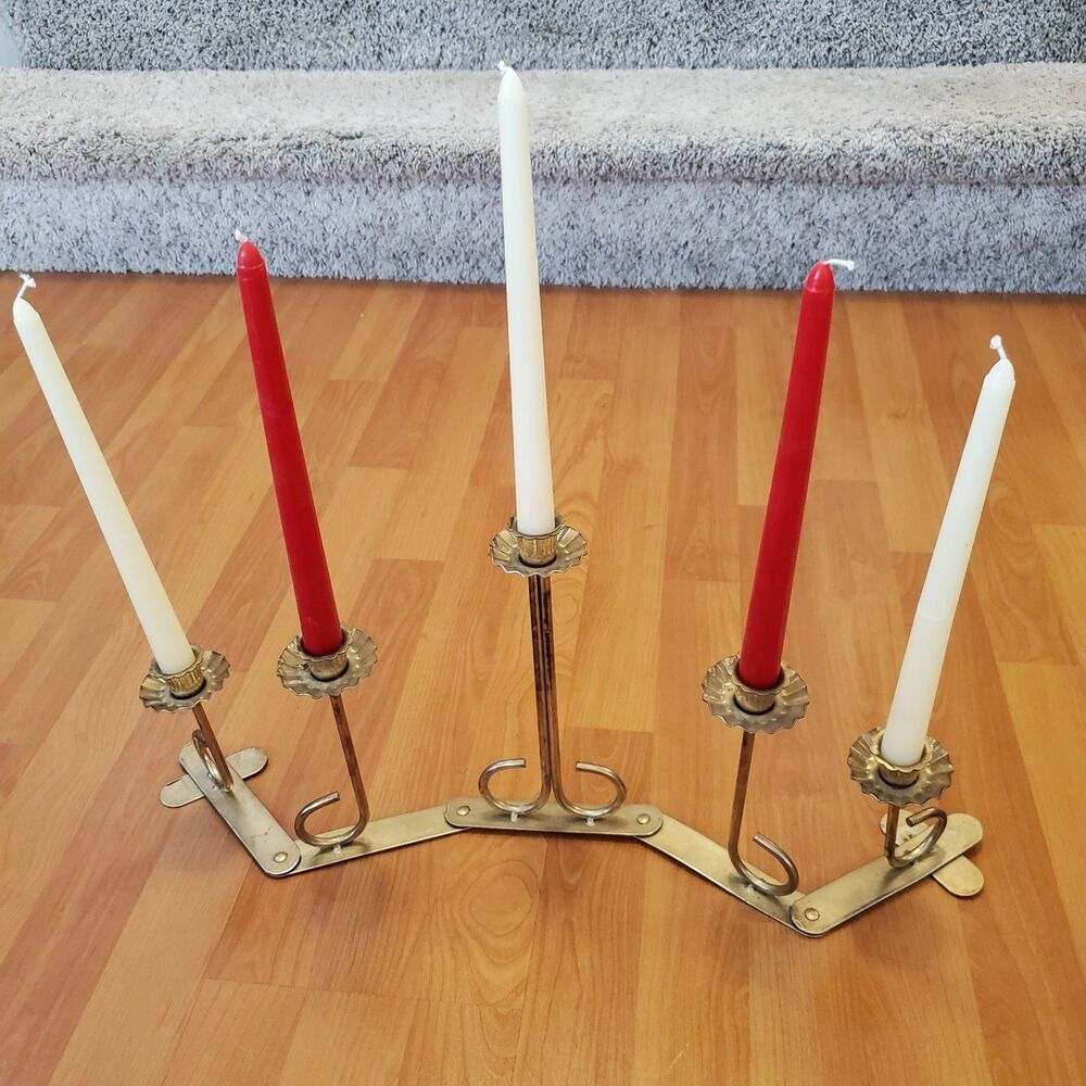 Vintage Accordian Style Candelabra Gold Tone Metal 5 Taper Candle Holder READ
